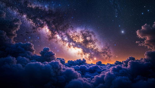 雲海の上に広がる天の川と満天の星空