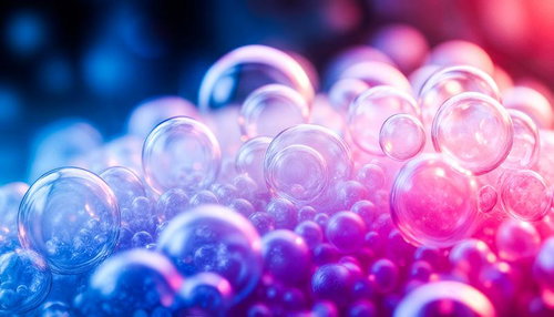 青とピンクの光に包まれたシャボン玉の集まり