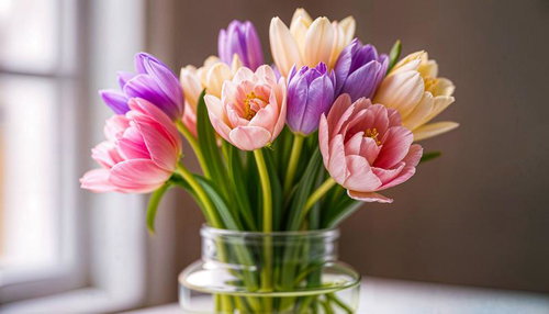 ガラスの花瓶に生けたチューリップ