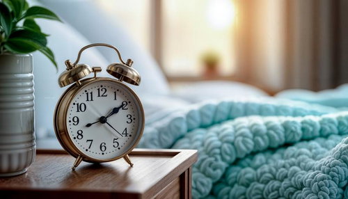 朝日が差し込む寝室の目覚まし時計