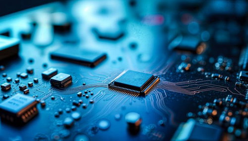 青い光に照らされた基板とICチップ