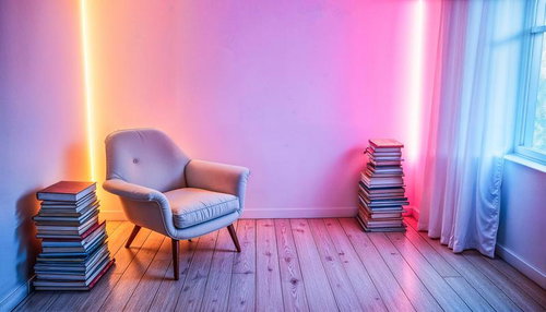 Reading Nook with Neon LED Lighting and Stacked Books — Free Interior Image
