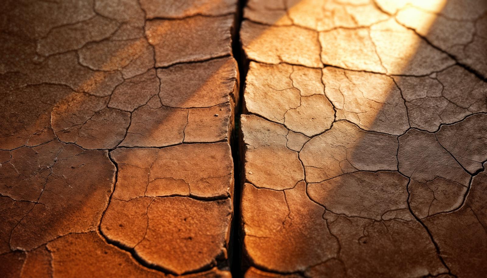 Close-up of dry cracked earth in warm brown and orange tones, split by a deep central fissure, with diagonal golden light falling across the textured surface.