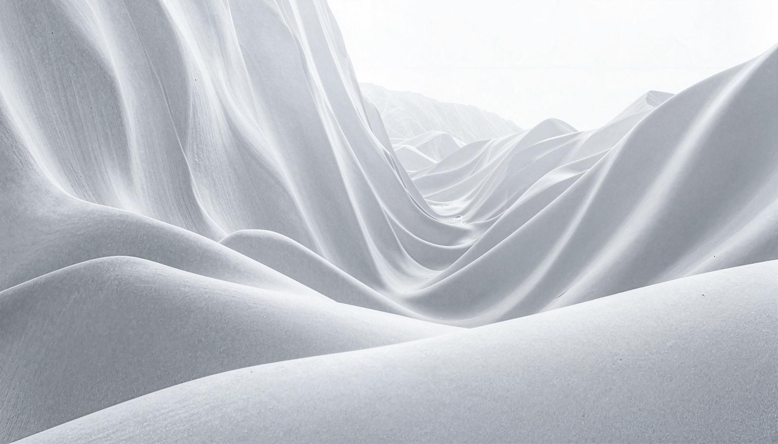 White silk-like fabric layering with wave-like pleats, creating three-dimensional effect through light and shadow