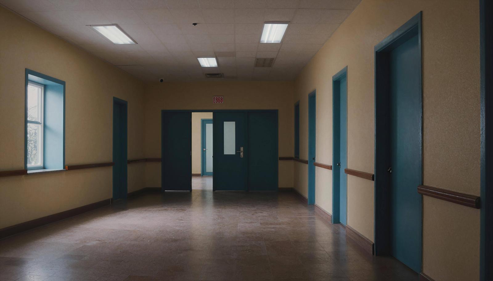Empty facility hallway with blue-green doors