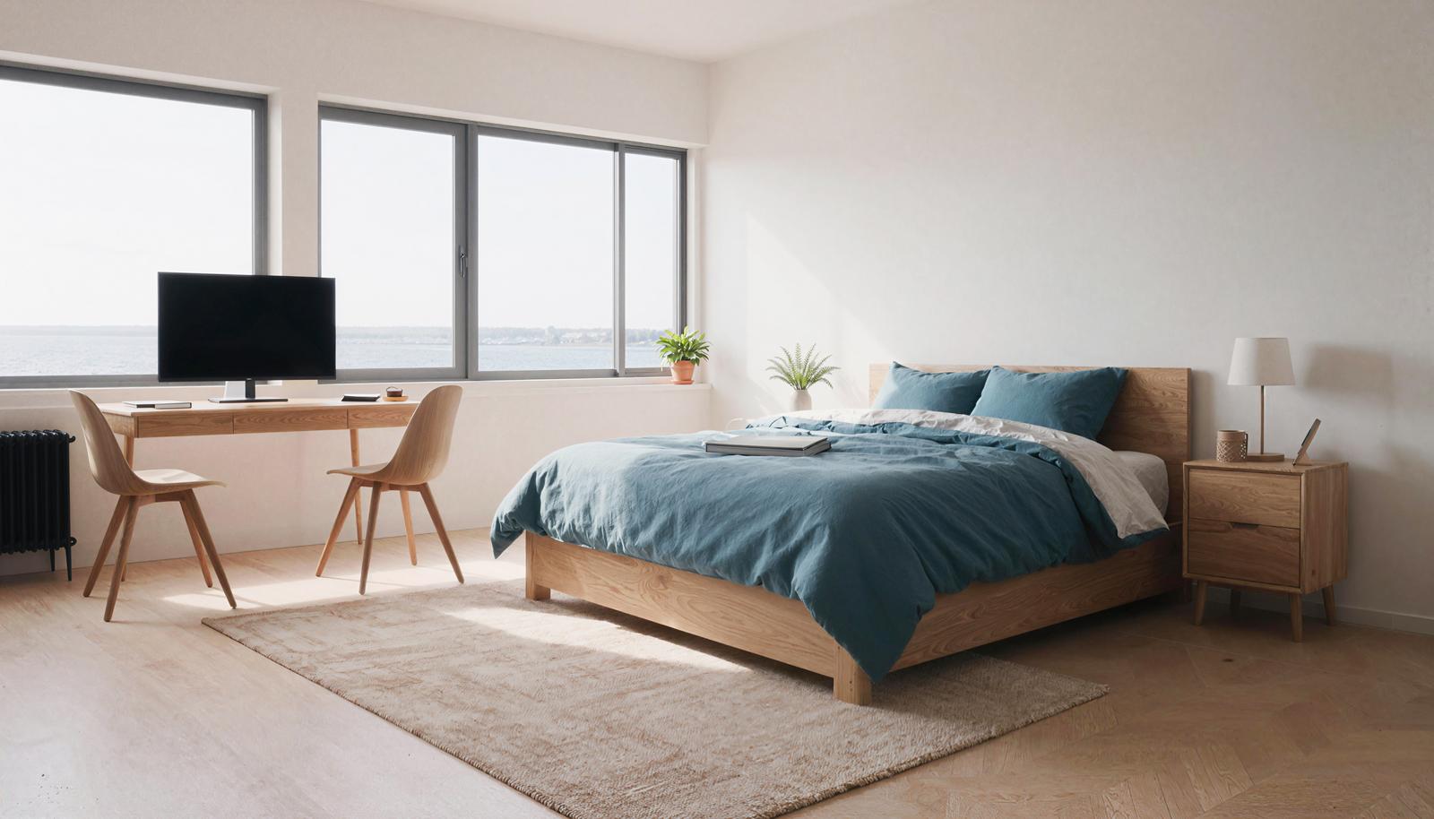 Studio apartment bedroom area and workspace with a sea view window visible in the distance
