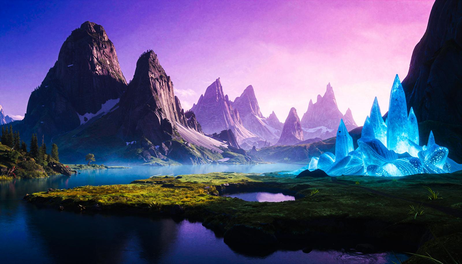 Glowing crystals at a fantasy mountain lakeside