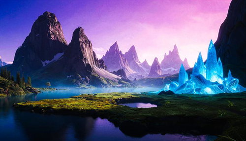 クリスタル鉱床と紫色の山々風景