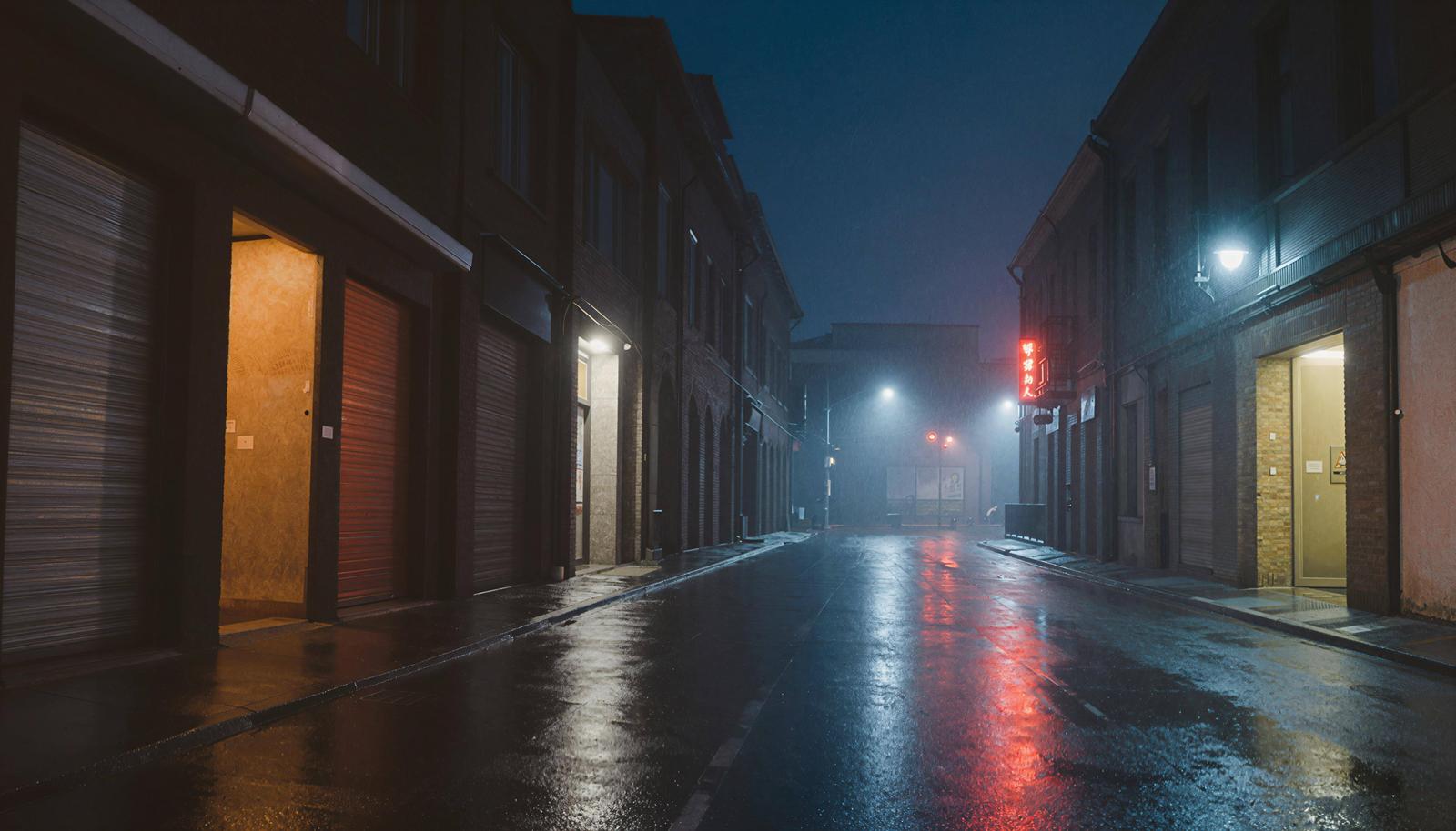 Empty neon-lit alley on a foggy rainy night