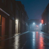 雨に濡れた夜間の街路と赤いネオン看板の写真