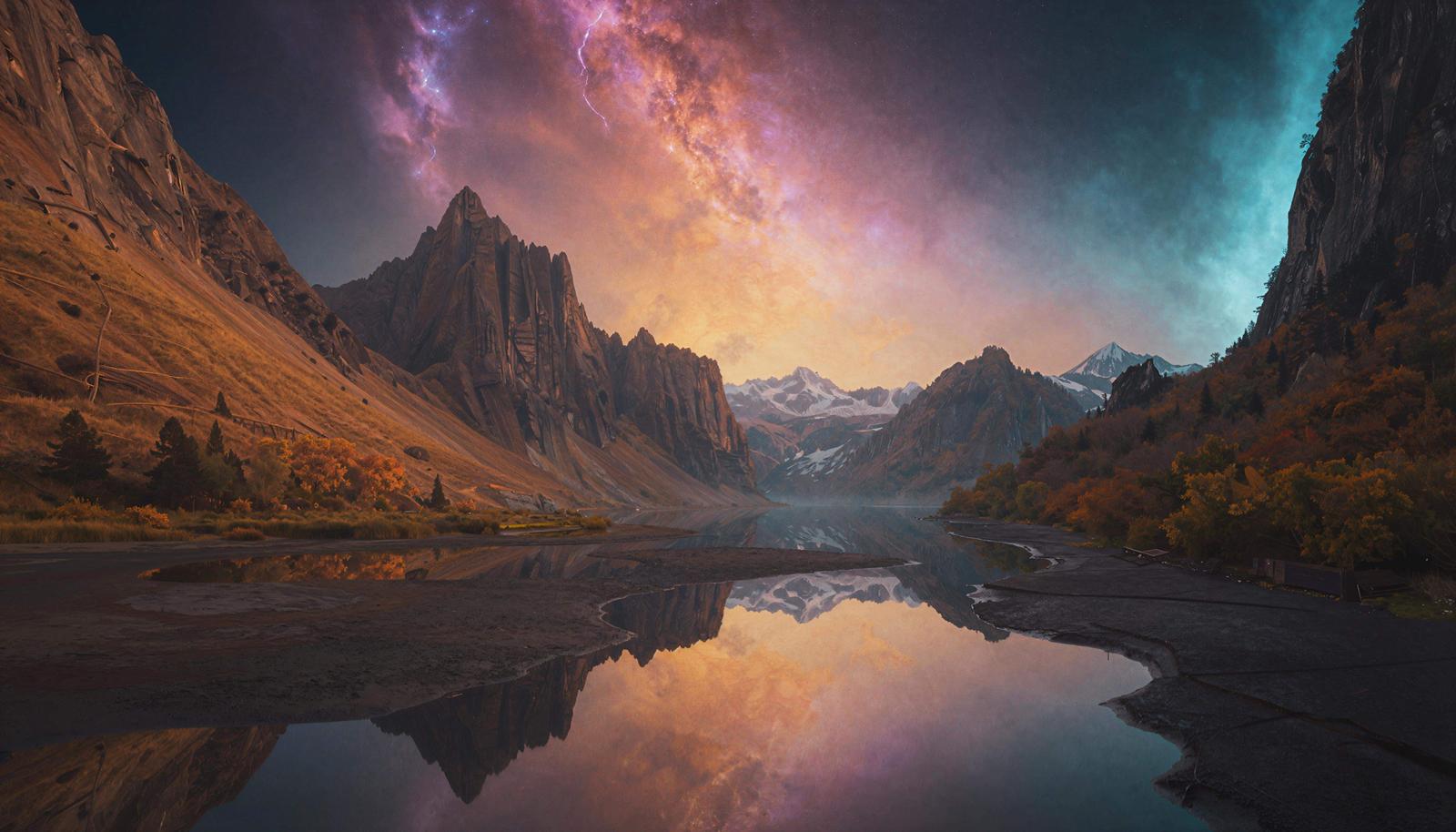 Starry sky and aurora-like light reflecting on a valley lake surrounded by snow-capped mountains