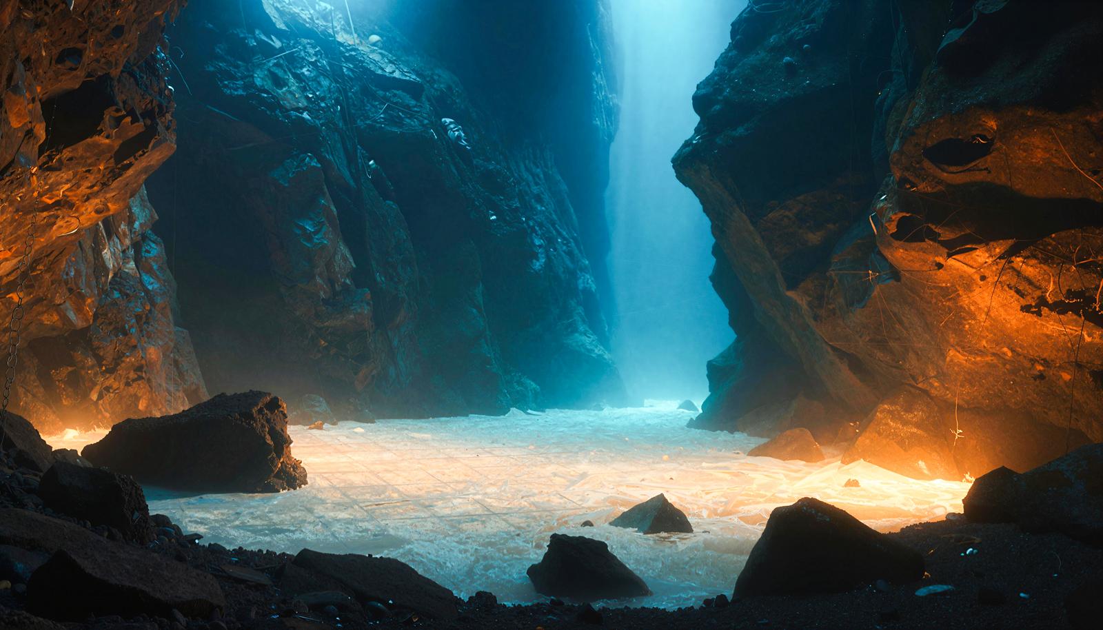 Inside an underwater cave with blue light filtering down from above, steep rock walls standing on both the left and right sides, and white sandy floor