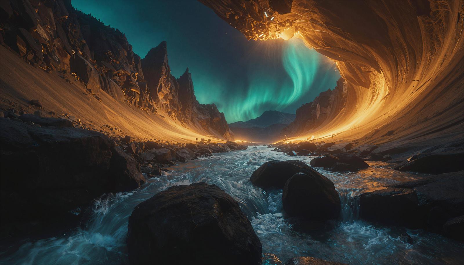 View looking up from inside an underground cave at a golden glowing ceiling and blue-green aurora flowing across the landscape