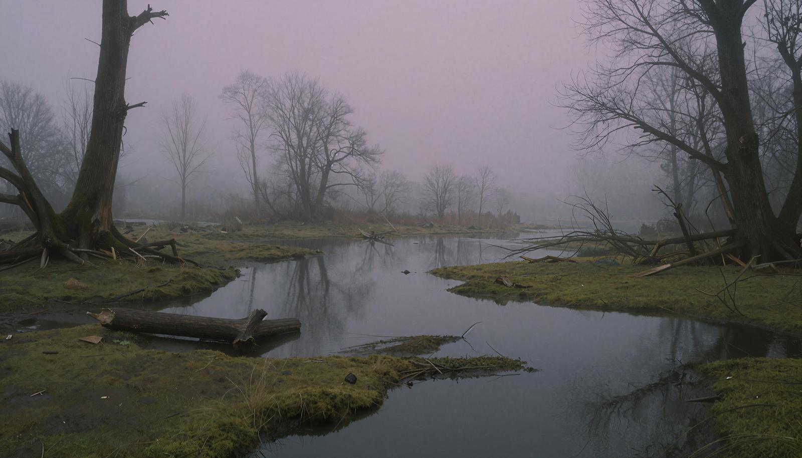 Dead trees standing and fallen logs lying in misty wetlands with moss-covered ground and puddles
