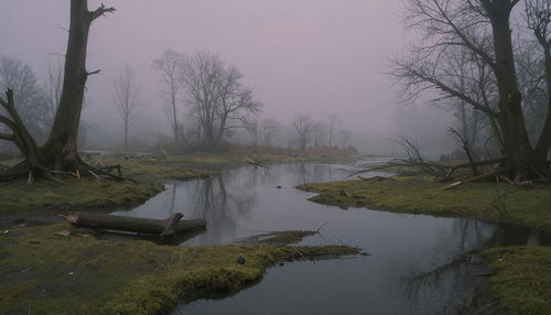 荒廃した沼地に横たわる倒木と苔むした地面