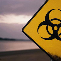 水辺に設置されたバイオハザード警告標識と曇り空の写真