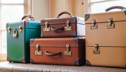 窓辺に並ぶアンティークトランクケース