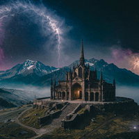 雷が落ちる山上のゴシック大聖堂の写真