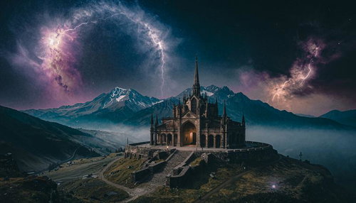 雷が落ちる山上のゴシック大聖堂