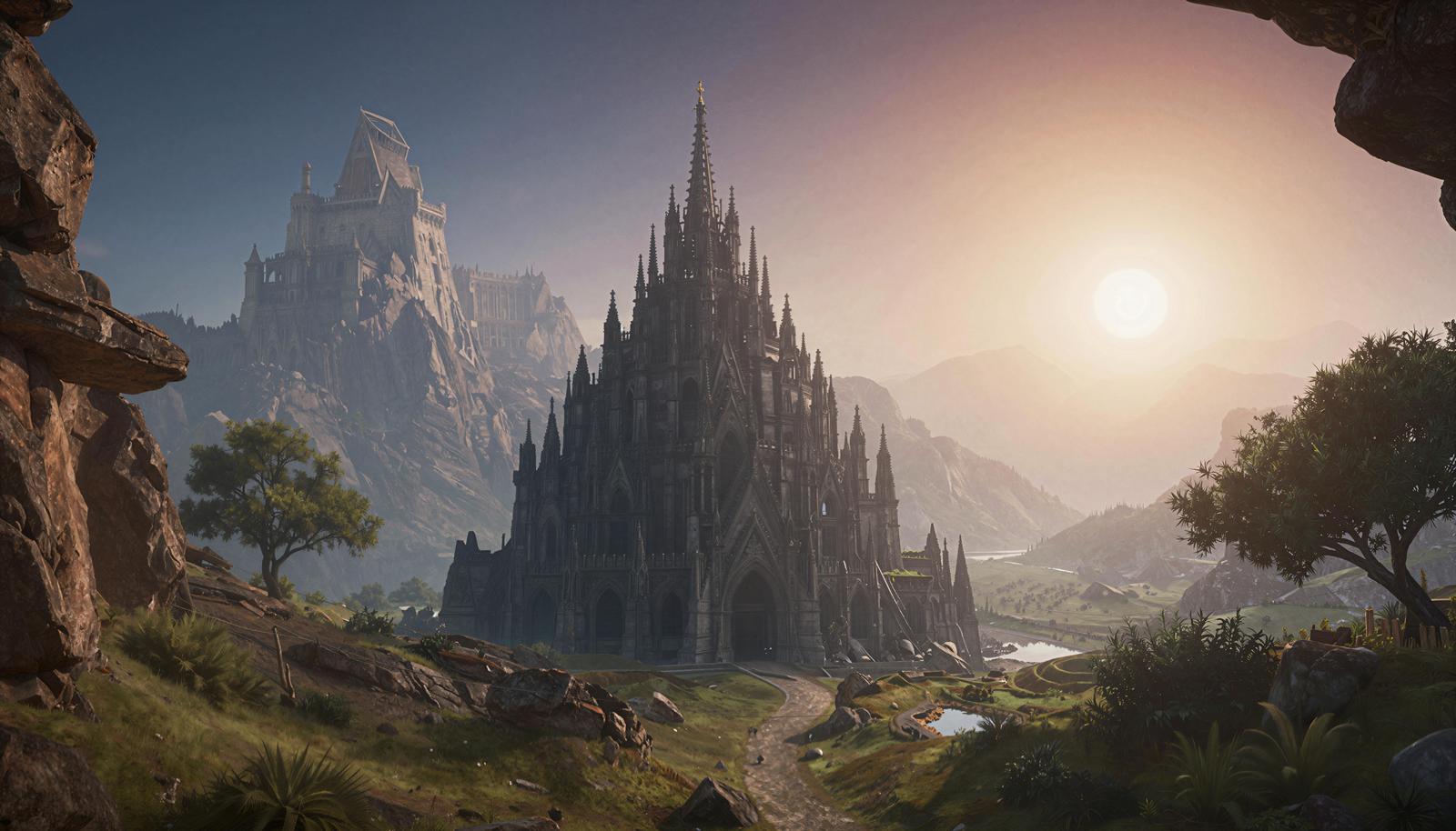 Fantasy landscape of a massive Gothic-style cathedral and fortress built on a mountain peak, visible between rocky cliffs