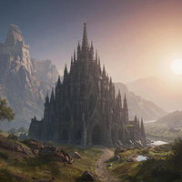 ゴシック大聖堂と山上の城塞のファンタジーの写真