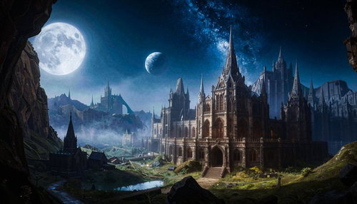 月夜に浮かぶゴシック風の城とファンタジー都市