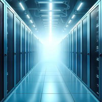 青い照明に照らされたサーバールームの通路の写真