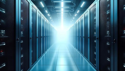 青い照明に照らされたサーバールームの通路