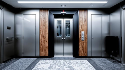 木材パネルとステンレスが調和したモダンビルのエレベーターホール