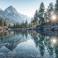 透明な湖面に映る雪山と森林の絶景の写真