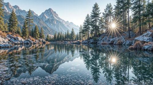 透明な湖面に映る雪山と森林の絶景