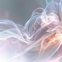透明感のある白とピンクの光る煙が流れる抽象的なスモークアートの写真
