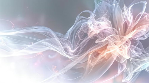 透明感のある白とピンクの光る煙が流れる抽象的なスモークアート