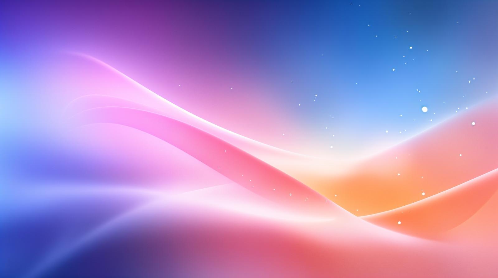 紫からオレンジへのグラデーションに曲線状の光が交差する抽象的な背景