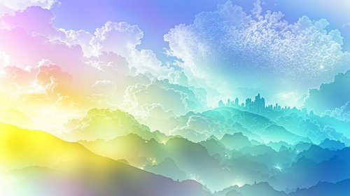 夢の中に迷い込むカラフルな雲と山のグラデーション