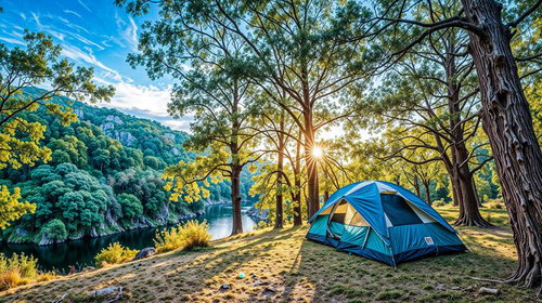 青いテントと朝陽が差し込む川沿いの森林キャンプサイト