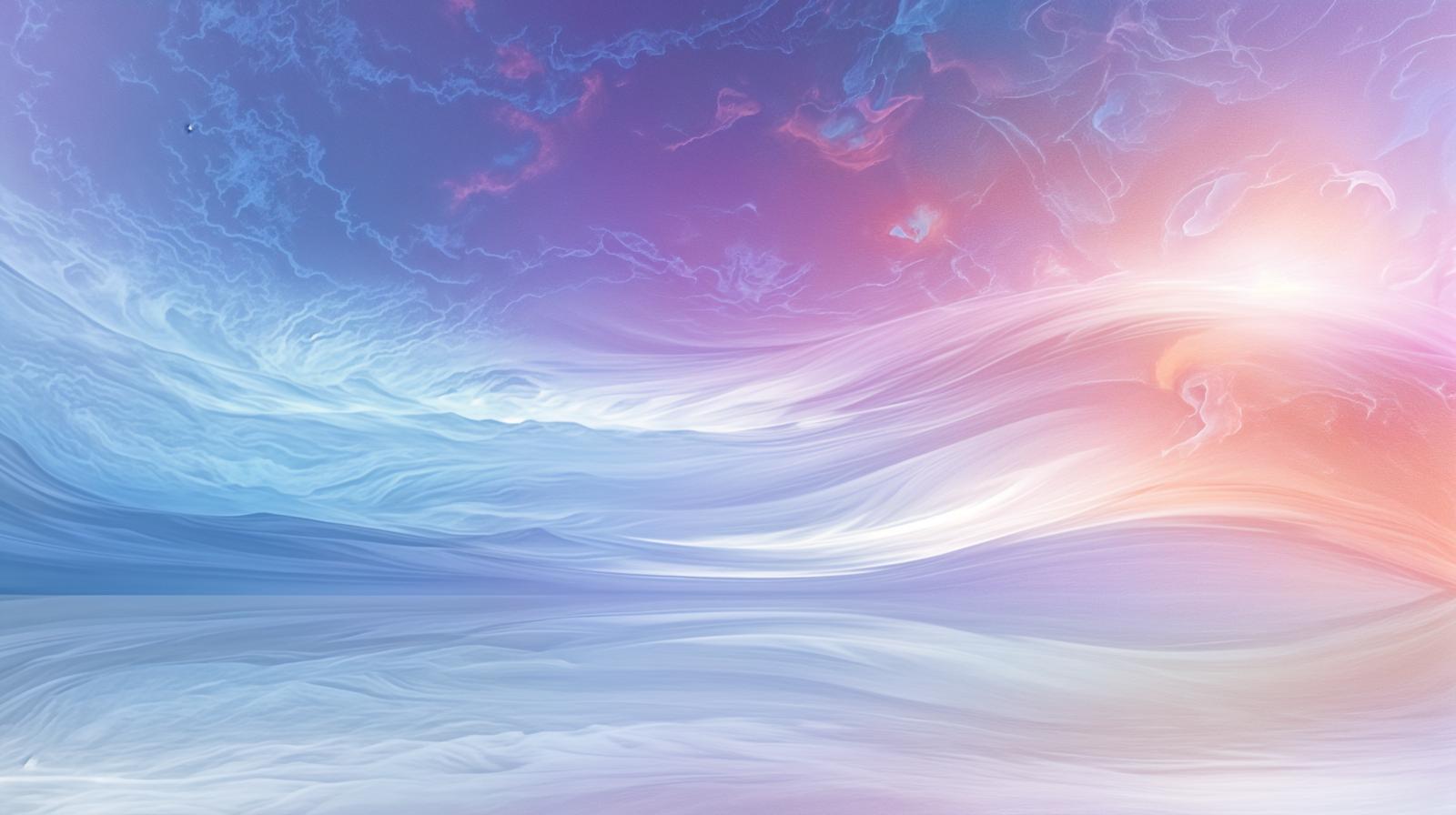 青からピンクへのパステルグラデーションで構成された流れるような曲線の抽象アート