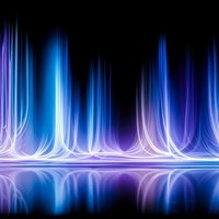 青と紫のネオン光線が水面に反射する抽象的な曲線の写真