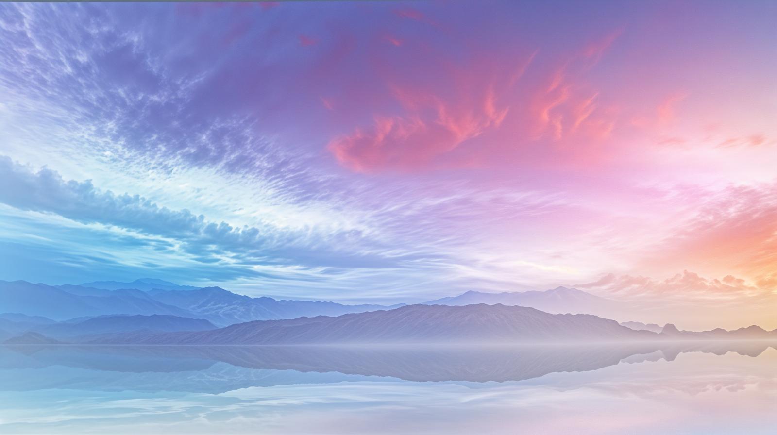 紫からピンクにグラデーションする空と山々が湖面に反射している