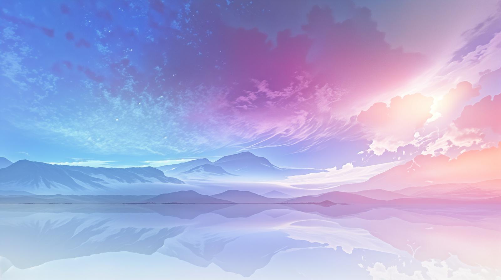 パステルカラーのグラデーションで描かれた山と湖のAI生成風景