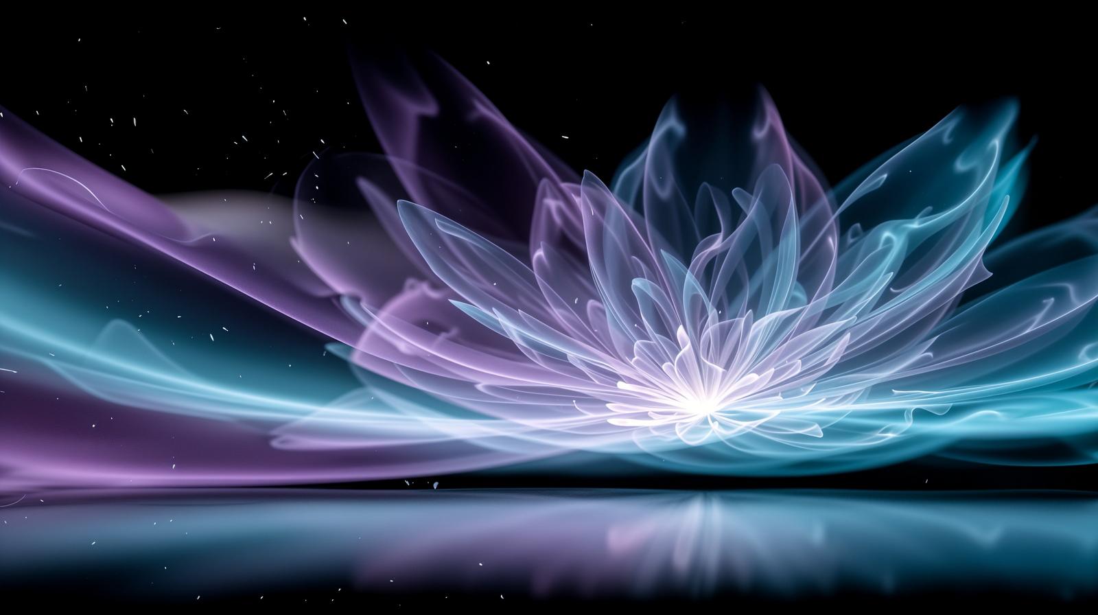 A transparent, glowing purple lotus flower floating on the water in the dark