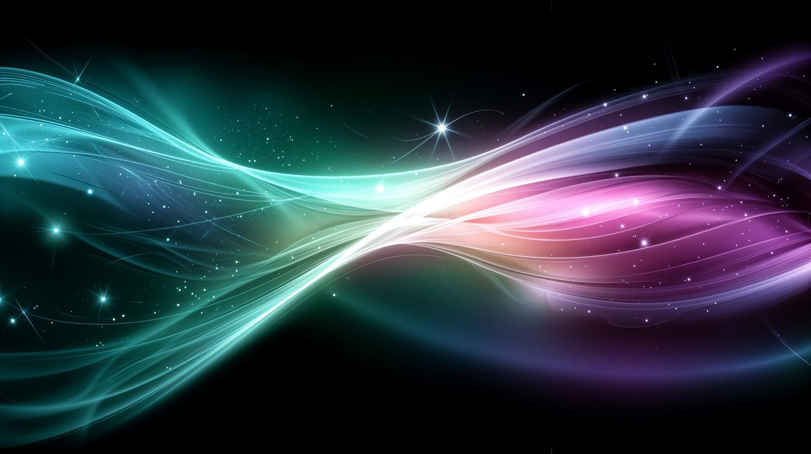Aquamarine and pink light streaks intersecting on a black background in a fluid, streamlined design