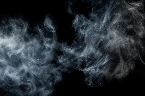 黒背景に渦巻く白いスモークの抽象的な流れ