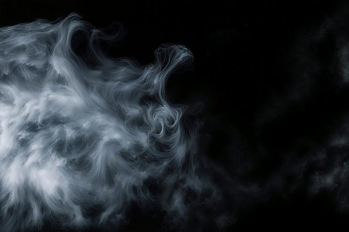 黒背景に立ち昇る白いスモークの複雑な渦巻き模様