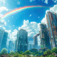 崩れた都市に架かる虹とビル群の再生と希望の光の写真