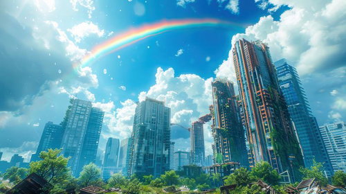 崩れた都市に架かる虹とビル群の再生と希望の光