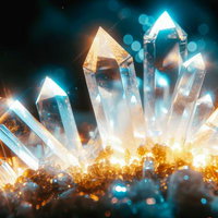 光を放つ黄金と青白いクリスタルの鉱物群の透明な水晶の写真