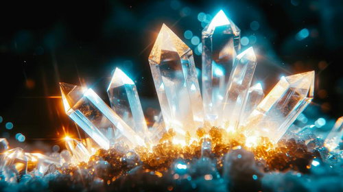 光を放つ黄金と青白いクリスタルの鉱物群の透明な水晶