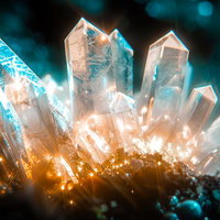 青と黄金色に輝くクリスタル結晶体の幻想的な光のきらめきの写真