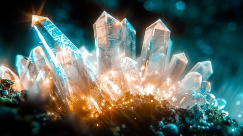 青と黄金色に輝くクリスタル結晶体の幻想的な光のきらめき